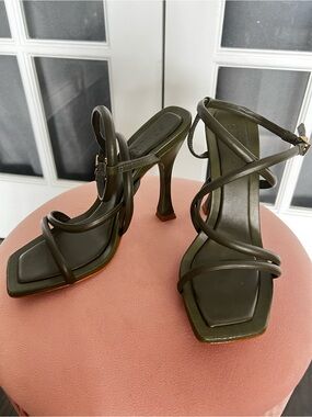 SCHUTZ Square Toe Strappy Heels Military Green 6.5